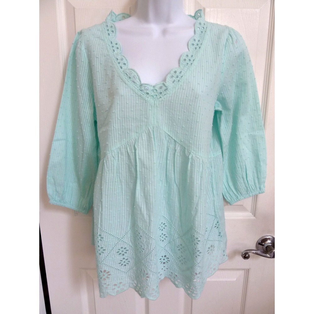 Bila Sky Blue Eyelet Babydoll Blouse Tufted Stripe V-Neck WT672 Small